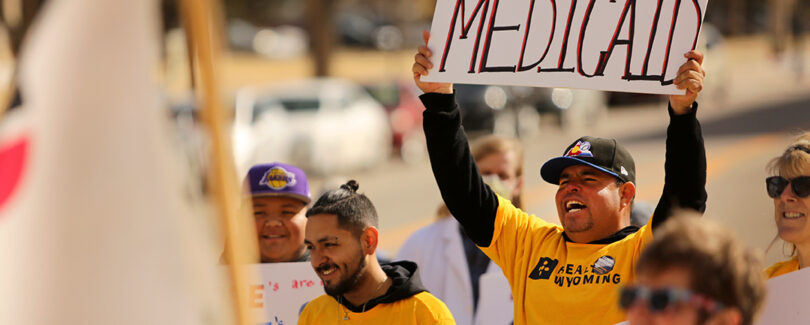 Protesters chant during a rally in support of Medicaid expansion in Wyoming on Monday, Feb. 14, at the Wyoming State Capitol. (Dan Cepeda, Oil City)